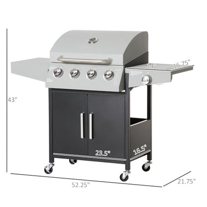 Outsunny 4 Burner Propane Gas Grill with Side Burner, 48,000 BTU Steel Outdoor Barbecue Grill with Cabinet, Shelf, Warming Rack, Thermometer, Wheels, Silver