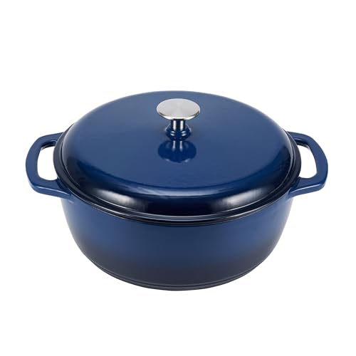 Amazon Basics Enameled Cast Iron Dutch Oven Pot with Lid, Round, Dual Handles, Heavy-Duty, Oven Safe for Baking, Roasting, Stews, 7.3-Quart, Navy