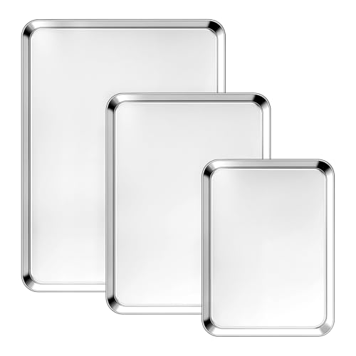 Ohtomber Stainless Steel Baking Sheet Pan Set, 3 Pack Cookie Sheets for Baking, Heavy Duty Stainless Steel Cookware Set, Oven Cookie Tray for Roasting, 9/12/16 Inch