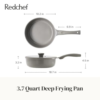 Redchef Deep Ceramic Frying Pan with Lid, Nonstick Saute Pan Cookware All Cooktop Compatibility, Stay-Cool Handles, PFOA Free, Healthy Coating, Tempered Glass Cover, Even Heat, Grey (3.7Qt, 10")