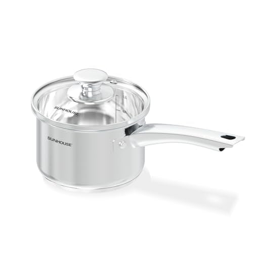 Sunhouse 1.5 QT Stainless Steel Sauce Pan with Lid, Small Pot for Cooking, PFOA-Free, Advanced Impact Bonding Induction Base Mini Saucepan, Compatible with Induction, Ceramic, Gas