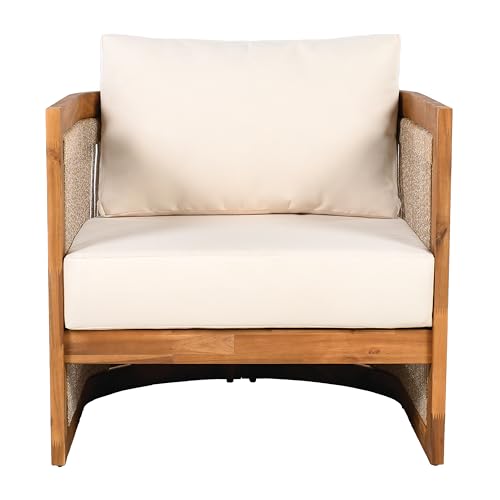 Christopher Knight Home Nylan 7-Seater Patio Furniture Set with Removable Cushion, 5 Piece Outdoor Acacia Wood Conversation Set, Solid Wood Outdoor Sectional Sofa Set with Coffee Table, Teak+Beige