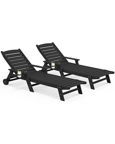SERWALL Patio Chaise Lounge Chair Set of 2, 78'' Long 5-Positions Adjustable HDPE Outdoor Lounger for Pool, Poly Lounge Chair with Rolling Wheels & Cup Holder for Poolside, Deck, Black