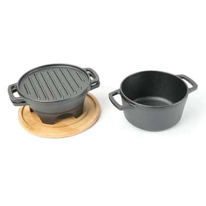 HAWOK 6 Piece Stove Set, Potable Cast Iron Charcoal Grill Stove with 1QT Dutch Oven, with Multipurpose Lid, Five-Leg Buffet Tray, Multipurpose Mini BBQ Stove Set
