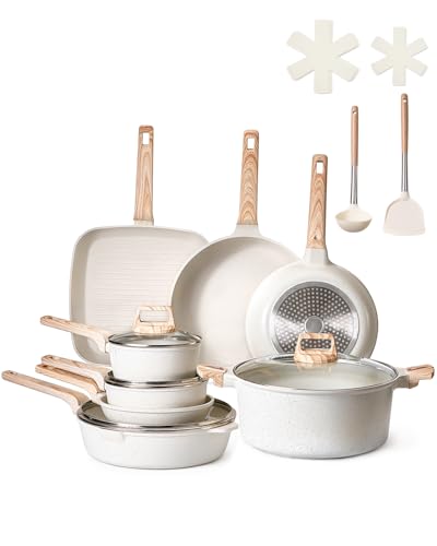 VEVOR 19 Piece Pots and Pans Set Nonstick, Granite Cookware Set, Induction Cookwares, Kitchen RV Cooking Sets with Frying, Sauce, Saute, Tempered Glass Lids, and Pan Protectors, White