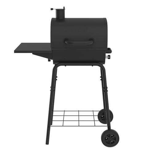 Nexgrill 17.5" Charcoal Grill with Side Shelf, 349 SQ In Cooking Space, Adjustable Chimney, Air Dampers, Temperature Gauge, Warming Rack, Barrel Smoker Grill for Camping, Picnics, and More - 810-0063