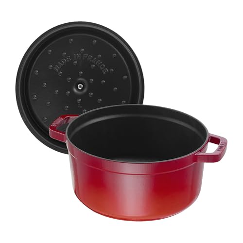 Staub Cast Iron Round Cocotte, Dutch Oven, 7-quart, serves 7-8, Made in France, Cherry