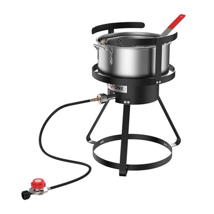 Gas One Propane Deep Fryer with 10Qt Deep Fryer Pot – High Grade Strainer Basket Aluminum Pot for Fish Fry Chicken Wings, Seafood Pot – Propane Burners for Outdoor Cooking Include Thermometer