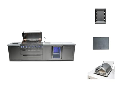 Mont Alpi Premium 132"W Stainless Steel Outdoor Kitchen Island with 44"W 6-Burner BBQ Gas Grill + Beverage Center Faucet & Sink + Refrigerator + Side Burner Pizza Oven + Charcoal Tray + Griddle Plate