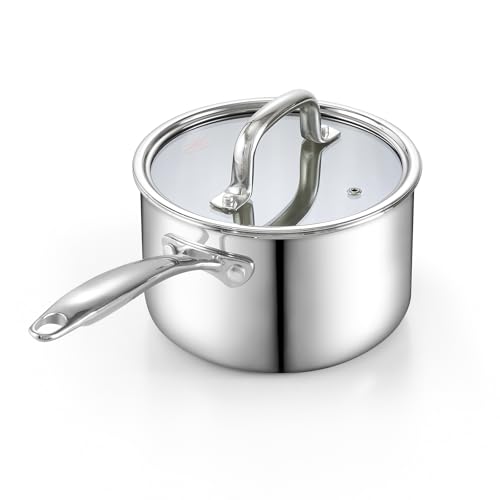 Cook N Home Classic Tri-Ply Clad Stainless Steel Saucepan with Lid, Multipurpose Sauce Pan Kitchen Pot for Cooking, Dishwasher & Oven Safe, Induction Compatible Cookware, 3-Quart