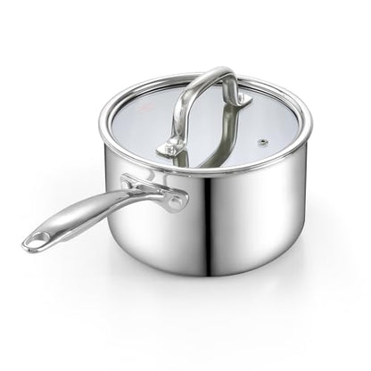 Cook N Home Classic Tri-Ply Clad Stainless Steel Saucepan with Lid, Multipurpose Sauce Pan Kitchen Pot for Cooking, Dishwasher & Oven Safe, Induction Compatible Cookware, 3-Quart