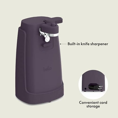 bella Electric Can Opener and Knife Sharpener, Removable Cutting Lever, Cord Storage, Stainless Steel Blade, Plum