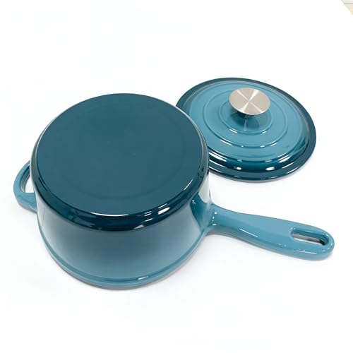 Maldira Enameled Saucepan with Lid, Non Stick Cast Iron Sauce Pan, Dutch Oven Pot (Peacock Blue, 2 Quarts)