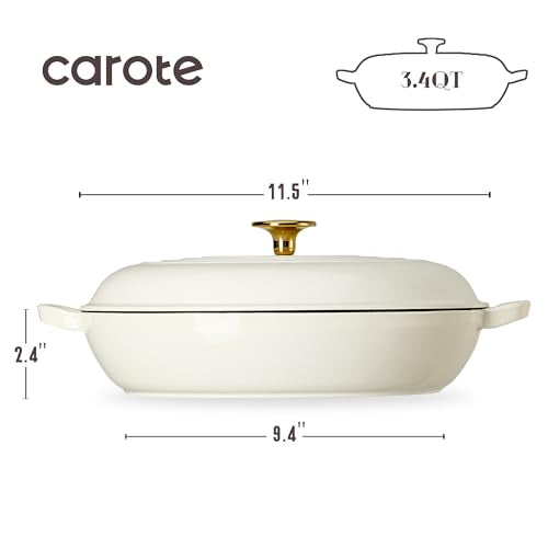 CAROTE 3.4QT Enameled Cast Iron Braiser Pan, Shallow Dutch Oven Casserole Skillets, Non-Toxic Cast Iron Pot with Lid for Grilling, Searing, Baking, Dual Handles, All Stovetop Compatible, White
