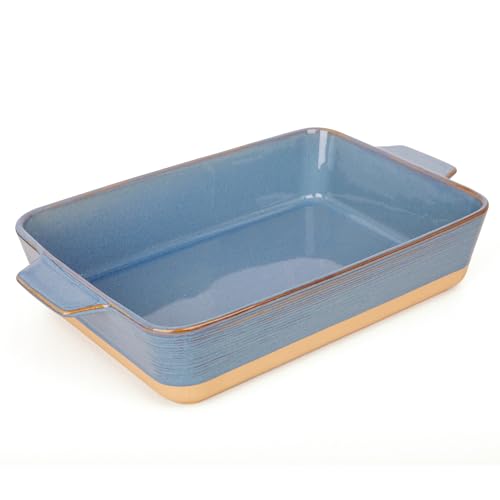Dafuceramic Casserole Dish for Oven, 4.2 QT Baking Dish, 9x13 Large Porcelain Baking Pan, Durable Rectangular Lasagna Pan Deep with Handles, Microwave Oven Safe, Home Decor, Wedding Gift, (Khaki & Blue)