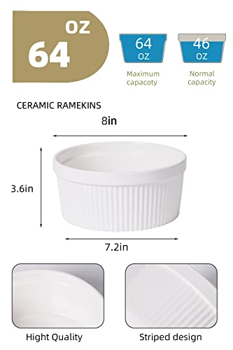 64 oz Ramekins 1 pcs Porcelain Ramekins Dishes for Souffle,Creme Brulee, Pudding, Custard Cups,Bakeware Bowls Set for Baking,Oven Safe, White (8 inch)