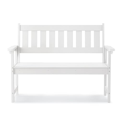 LUE BONA Outdoor Bench, 2-Person HDPS Garden Bench, Outdoor Benches Weatherproof, All-Weather Fade/Rot Resistant Patio Bench for Park, Front Porch, Backyard (White)