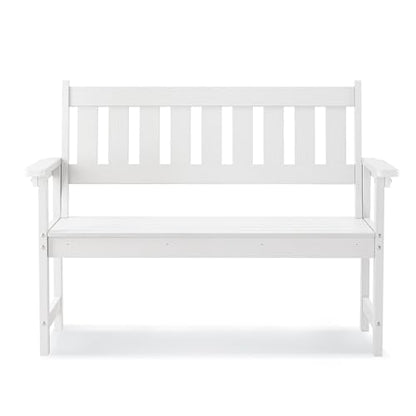 LUE BONA Outdoor Bench, 2-Person HDPS Garden Bench, Outdoor Benches Weatherproof, All-Weather Fade/Rot Resistant Patio Bench for Park, Front Porch, Backyard (White)