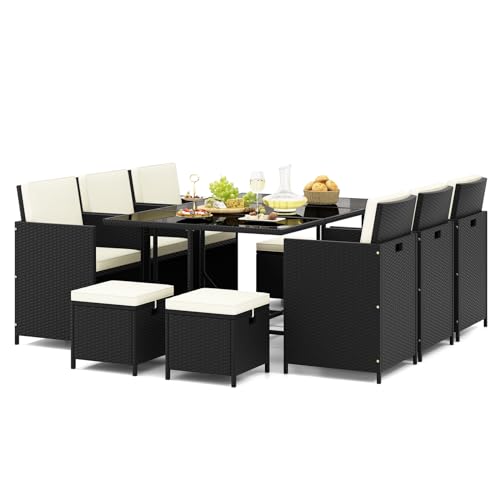 Tangkula 11 Pieces Patio Dining Set, Space-Saving Wicker Chairs & Tempered Glass Table with Ottomans, Thick Soft Cushions, Outdoor Conversation Furniture Set for Garden Yard Poolside