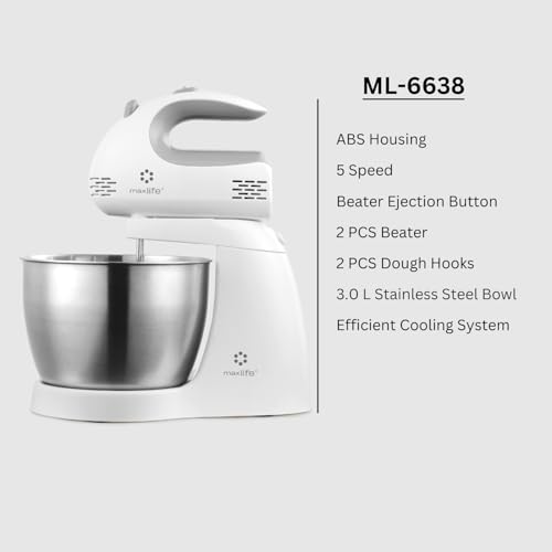 Max Life ML-6638 Electric Stand Mixer, 150W, 5 Speeds, 3.2-Quart Rotating Stainless Steel Bowl, 2 Beaters & 2 Dough Hooks, White