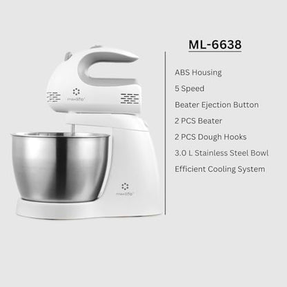 Max Life ML-6638 Electric Stand Mixer, 150W, 5 Speeds, 3.2-Quart Rotating Stainless Steel Bowl, 2 Beaters & 2 Dough Hooks, White
