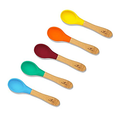 Avanchy Baby Spoons, Silicone Baby Spoons for Self Feeding, Toddler & Infant Spoons 4+ Months, Baby Led Weaning Utensils, Soft Tip Feeding Spoons, BPA Free Bamboo Handle, 5 Pack Blue