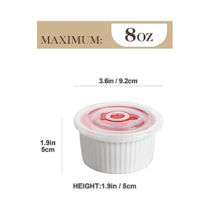 MALACASA Ramekins with Lids 8 oz - Set of 6, White Porcelain Creme Brulee Souffle Ramekins with Covers, Ceramic Custard Cups for Baking, Dishwasher and Oven Safe, Series RAMEKIN-DISH
