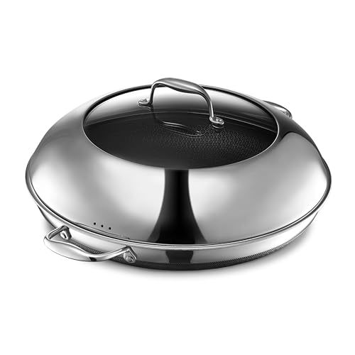 HexClad Hybrid Nonstick 14-Inch Frying Pan with Stainless Steel Lid, Stay-Cool Handles, Dishwasher-Friendly, Oven-Safe Up to 900°F, Induction Ready, Compatible with All Cooktops