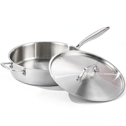 DELARLO 7QT Saute Pan Jumbo Cooker 5 Ply Stainless Steel Pan, 12Inch Deep Frying Pan with Steel cover, Kitchen Large Skillet,Heavy Duty Style Compatible With All Cooktops Up to 650℉