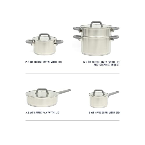Oster Beauford 9-Piece Stainless Steel 5-Ply Encapsulated Base Cookware Set – Non-Toxic, Induction Compatible Pots and Pans with Stay-Cool Handles – Dishwasher Safe