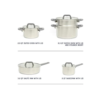Oster Beauford 9-Piece Stainless Steel 5-Ply Encapsulated Base Cookware Set – Non-Toxic, Induction Compatible Pots and Pans with Stay-Cool Handles – Dishwasher Safe