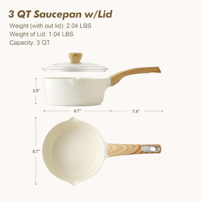 SENSARTE Ceramic Nonstick Sauce Pan with Lid, 3.0 Quart Saucepan with Double Spout, Large Cooking Pot, Non toxic Kitchen Sauce Pot, Non stick Saucier Pan, Induction Cookware, PFOA PTFE PFAS Free