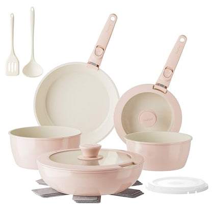 Redchef Pans and Pots Set Nonstick, Ceramic Cookware Set with Detachable Handles 16Pcs, Induction Dishwasher Oven Safe Kitchen Cooking Set, PFAS PFOA & PTFE Free, Pink