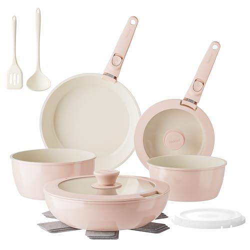 Redchef Pans and Pots Set Nonstick, Ceramic Cookware Set with Detachable Handles 16Pcs, Induction Dishwasher Oven Safe Kitchen Cooking Set, PFAS PFOA & PTFE Free, Pink