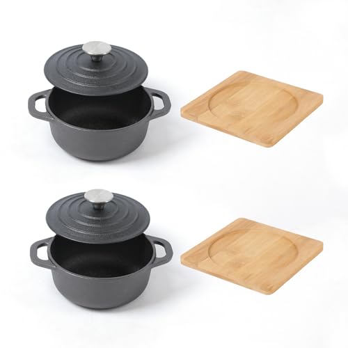 HAWOK Cast Iron Mini Dutch Oven, Dia5.51”, 23oz, with Bamboo Tray, Set of 2, Pre-seasoned