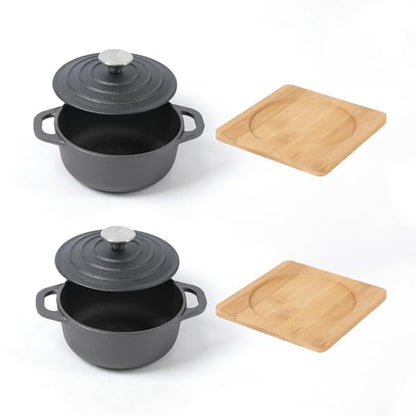 HAWOK Cast Iron Mini Dutch Oven, Dia5.51”, 23oz, with Bamboo Tray, Set of 2, Pre-seasoned