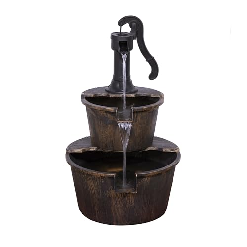 Alpine Corporation 27" Tall Rustic Outdoor 2-Tier Barrel Pump Water Fountain with Soothing Cascading Water Flow for Patio, Yard, Porch, or Landscape, Bronze