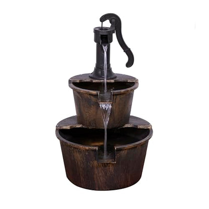 Alpine Corporation 27" Tall Rustic Outdoor 2-Tier Barrel Pump Water Fountain with Soothing Cascading Water Flow for Patio, Yard, Porch, or Landscape, Bronze