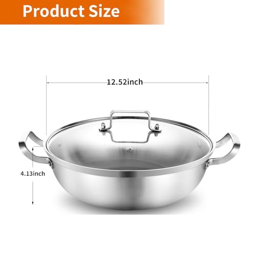 Delarlo Tri-Ply Stainless Steel Hot Pot 14 inch Everyday pan With lid, Everything Pan, Durable Deep Saute Pan, 7QT Induction Cooking Pot,Woks & Stir-Fry Pans Oven Safe Stock Pot