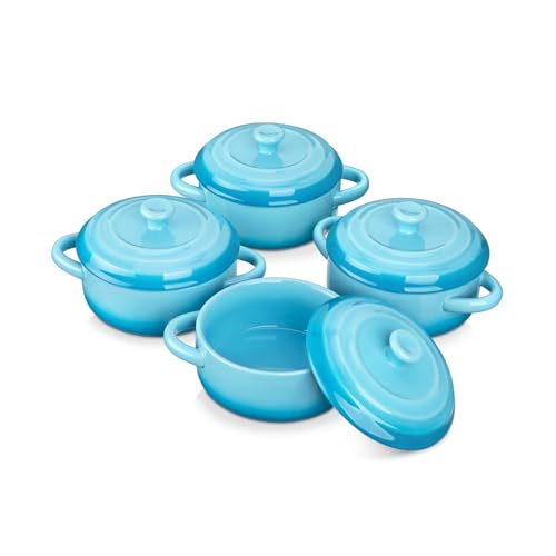 LOVECASA Mini Cocotte Set, 12 OZ Small Casserole Dishes with Lids, Soup Bowls With Handles, Individual Ramekins, Oven, Microwave & Dishwasher Safe, Set of 4, Blue