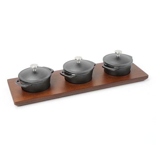 HAWOK Mini Cast Iron Cocottes, Dia 3 inch, 4 oz. Set of 3 PCS, Mini Dutch Oven, with Wooden Tray, 7-Piece, Appetizer/Dessert Sampler, Pre-seasoned