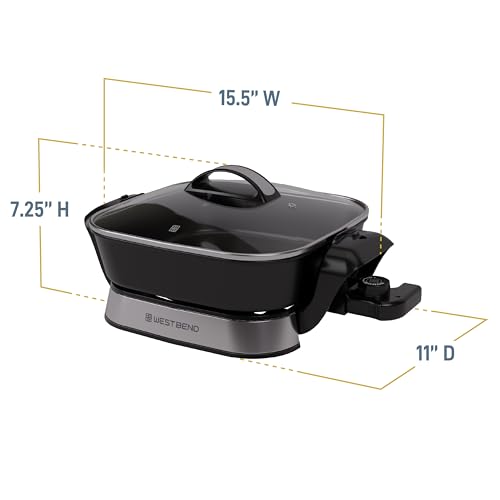 West Bend 11”x11” Electric Skillet with Diamond Shield Ceramic Nonstick, Removable Foldable Base, Tempered Glass Lid with Vent, Adjustable Thermostat, Cool Touch Handles, 4.2-Qt, Black/Stainless Steel