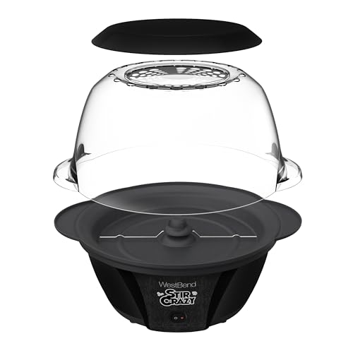West Bend 82707B Stir Crazy Hot Oil Popcorn Popper, Popcorn Maker Machine with Large Serving Bowl Lid and Stirring Rod, 6 Qt, Black