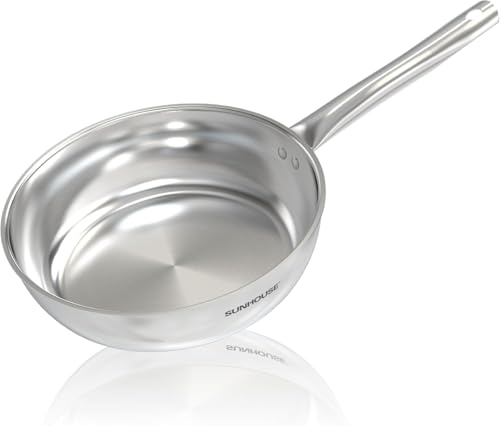 Sunhouse 18/10 Stainless Steel Pan 9 Inch, 3-Ply Clad No Coatings Frying Pan, Skillet with Stay-cool Handle, Oven and Dishwasher Safe, Induction Compatible