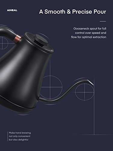 Electric Gooseneck Kettle Temperature Control, Pour Over Electric Kettle for Coffee and Tea, 100% Stainless Steel Inner, 1200W Rapid Heating, 0.8L, Built-in Stopwatch, Matte Black