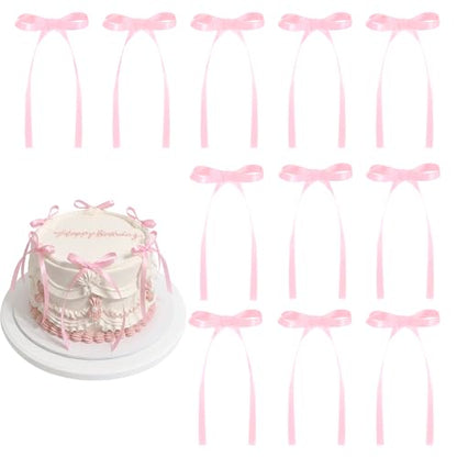 30 Pack Bow Cake Toppers Pink Ribbon Bows for Cake Coquette Themed Bow Cupcake Toppers Pink Bow Birthday Decorations for Baby Shower, Bridal, Engagement, Wedding, Bachelorette Party Decoration
