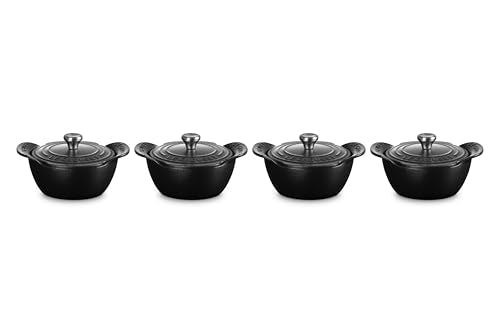 Le Creuset Enameled Cast Iron Gourmand Collection Set of 4 Mini Round Cocotte, .3 qt., Matte Black w/Stainless Steel Knob