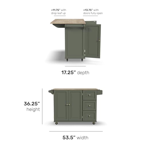 Homestyles Mobile Kitchen Island Cart with Wood Top and Dropleaf Breakfast Bar, 18" D x 53.5" W x 36" H, Green