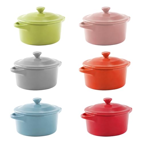 Odowalker 6 Pack Mini Cocotte with Lids, 8 OZ Ceramic Ramekins with Lid and Handles, Round Small Casserole Dishes, Small Baking Individual Serving Pot for Lasagna, Souffle, Soup, Oven Safe, 6 Colors