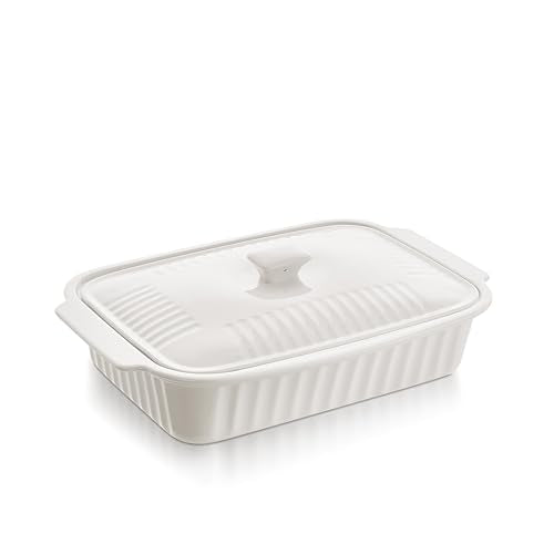Large Baking Dish with Lid,5.5 Quart Lasagna Pan with Lid, 13.5x9 inch Ceramic Casserole Dish with Lid, Microwave, Dishwasher Safe, White